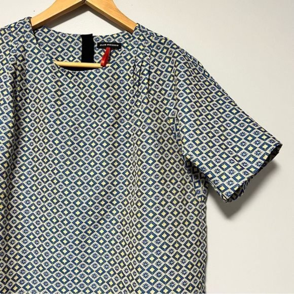 Club Monaco Textured diamond print blue yellow shift dress Short sleeves size 6 - Picture 4 of 12